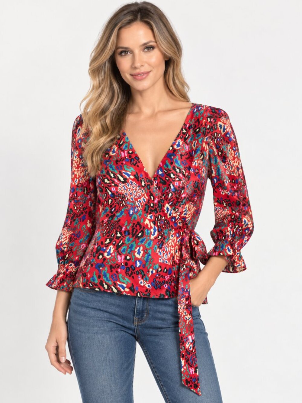 Tanya Taylor 100% Silk Red Animal Print Wrap Blouse Size 2